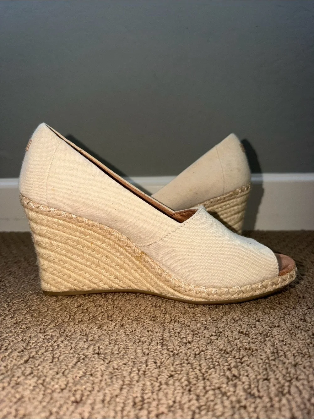 Toms Cream Canvas Espadrille Peep-Toe Wedge